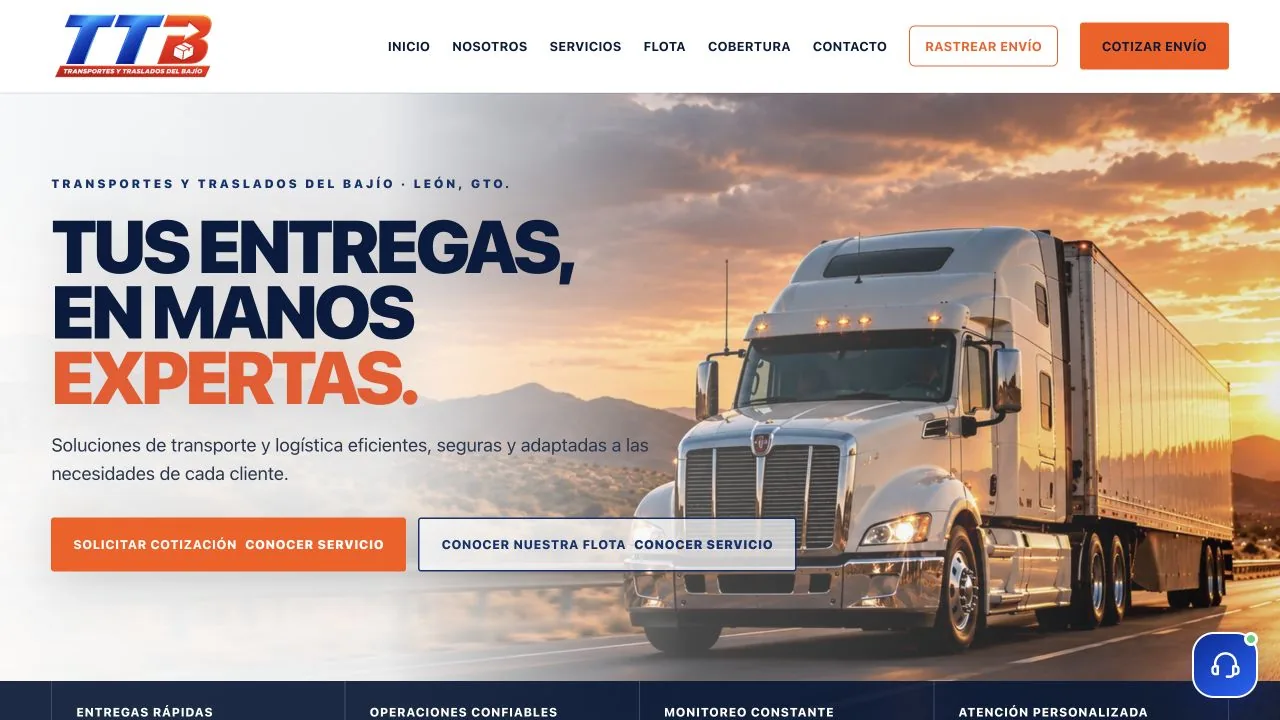 Página de inicio de Transportes y Traslados del Bajío, proyecto desarrollado