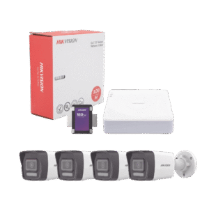 Kit de Vigilancia IP 4MP (2K) Profesional: NVR PoE 4 Ch + 4 Cámaras Bala Dual Light con AcuSense Lite, Audio, SSD 1TB y 100m de Cable