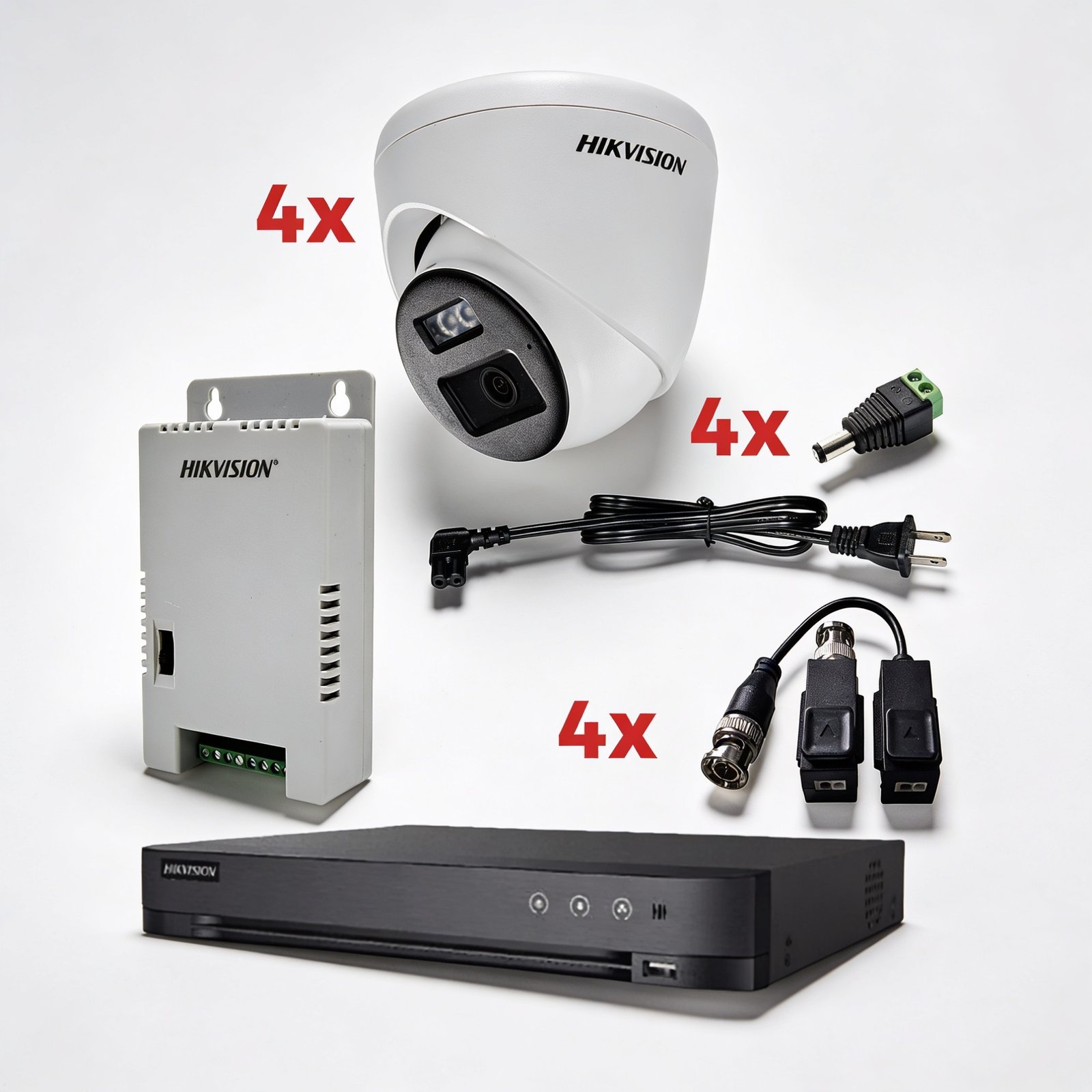 KH-1080P-4E-TWA Kit de videovigilancia Hikvision con grabador, fuente de alimentación y 4 cámaras domo con cables y conectores