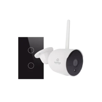 Cámara de seguridad inteligente blanca con antena junto a un interruptor de luz táctil negro de dos botones