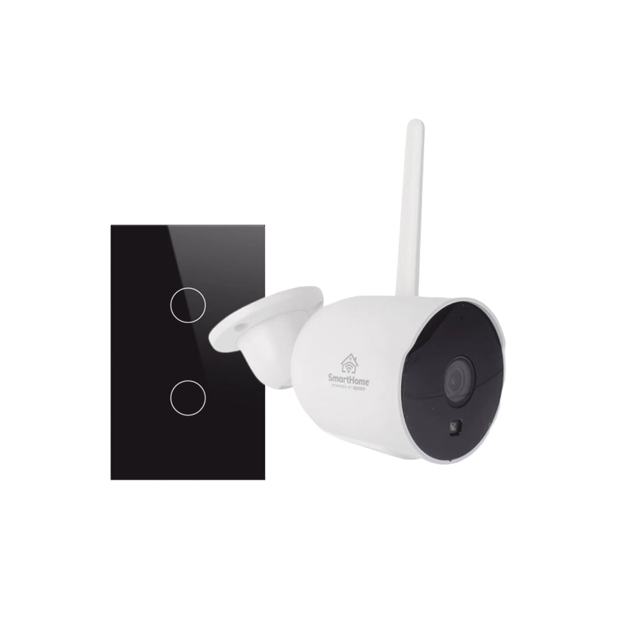 SH1CAM1SK Cámara de seguridad inteligente blanca con antena junto a un interruptor de luz táctil negro de dos botones