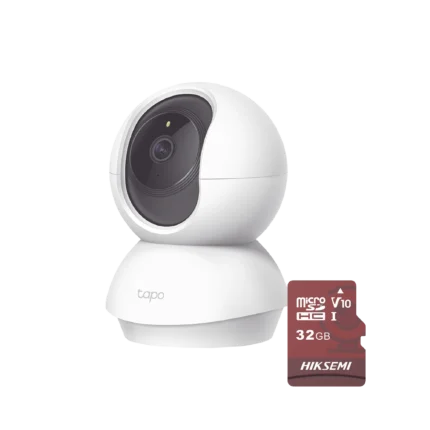 Cámara de seguridad Tapo blanca y tarjeta de memoria microSD Hiksemi de 32 GB