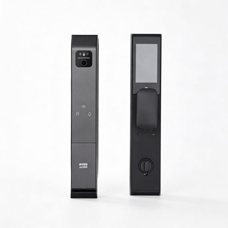 Cerradura inteligente Bisen Access en color negro con cámara, teclado táctil y pantalla interior